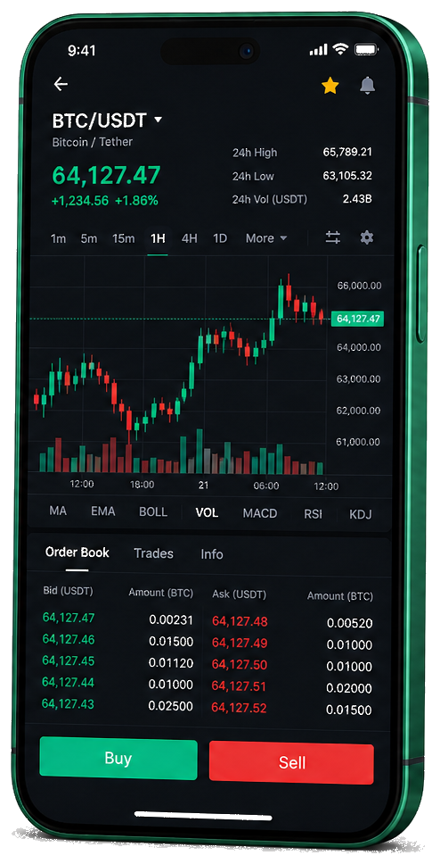 BohemTechCore mobilní obchodní platforma — živý graf BTC/USDT, kniha objednávek a rozhraní nákupu/prodeje